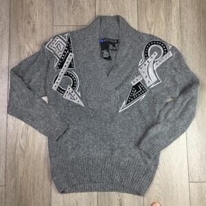 I.B Diffusion silk Angora wool Blend Sweater Gray Embellish Studded V-Neck XS/S